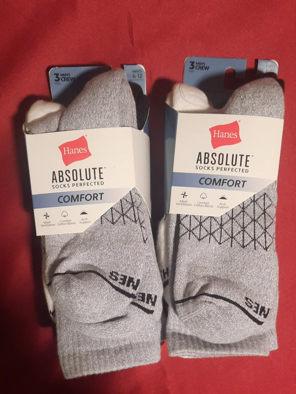 2 Hanes Absolute Comfort Mens Crew Socks - 3 Pack 6 Total Pair